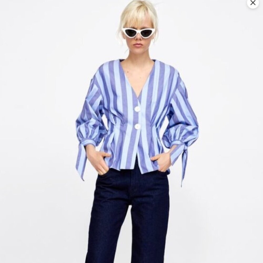 Zara Small Blue Striped Blouse with Button Accents